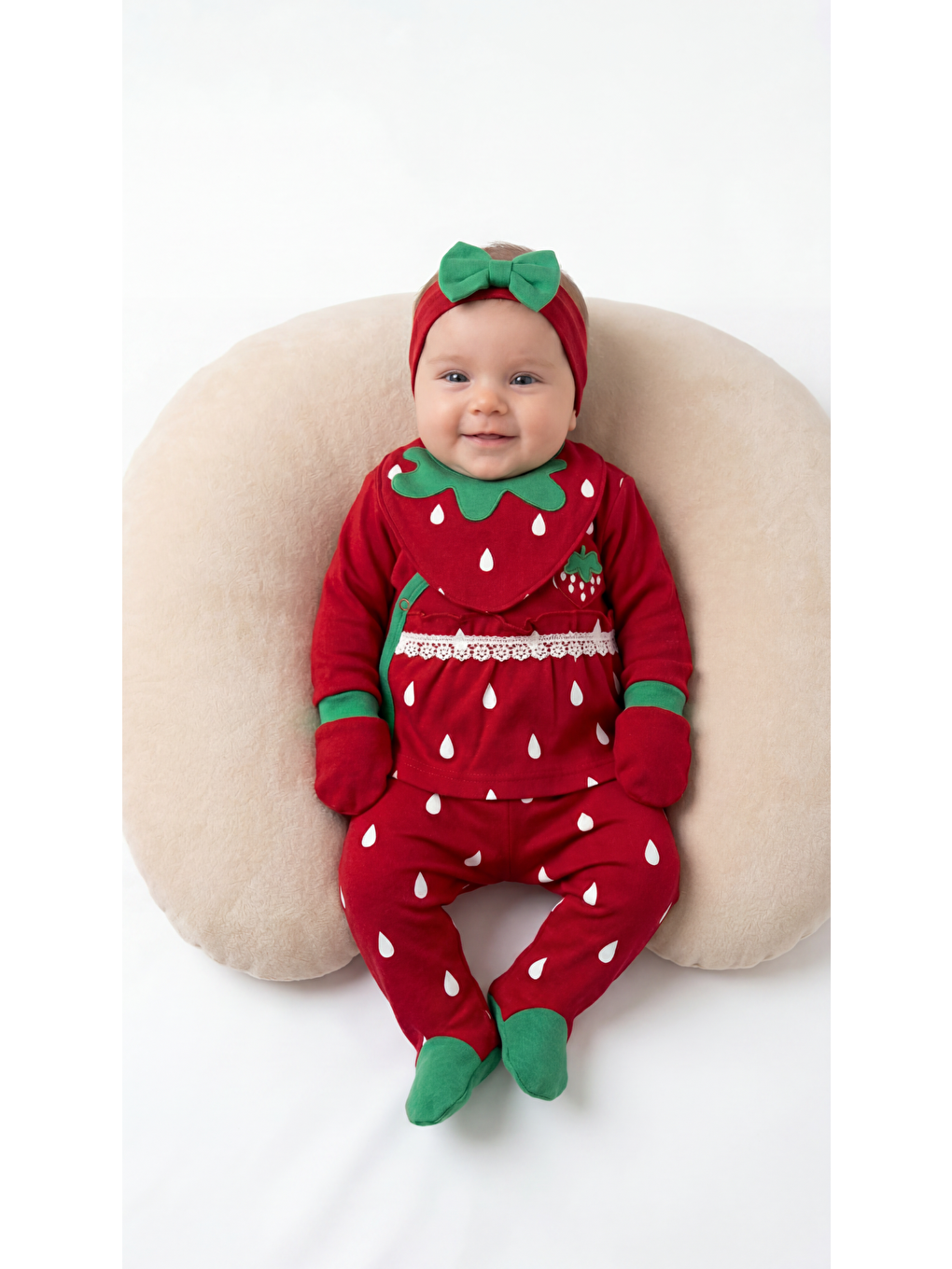Kırmızı Çilek Desenli 5'Li Kız Bebek Yenidoğan Takımı-2