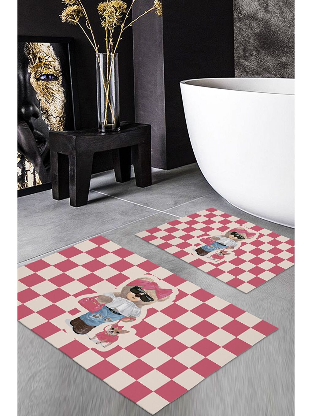 Karışık Teddy Bear Desenli 2 li Kaydırmaz Banyo Paspas Seti-1