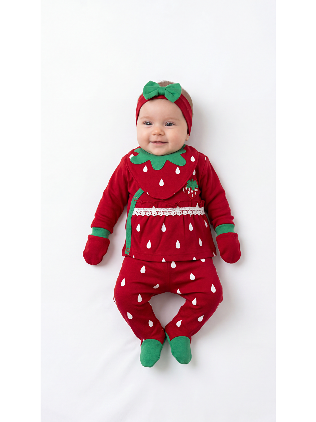 Kırmızı Çilek Desenli 5'Li Kız Bebek Yenidoğan Takımı-3