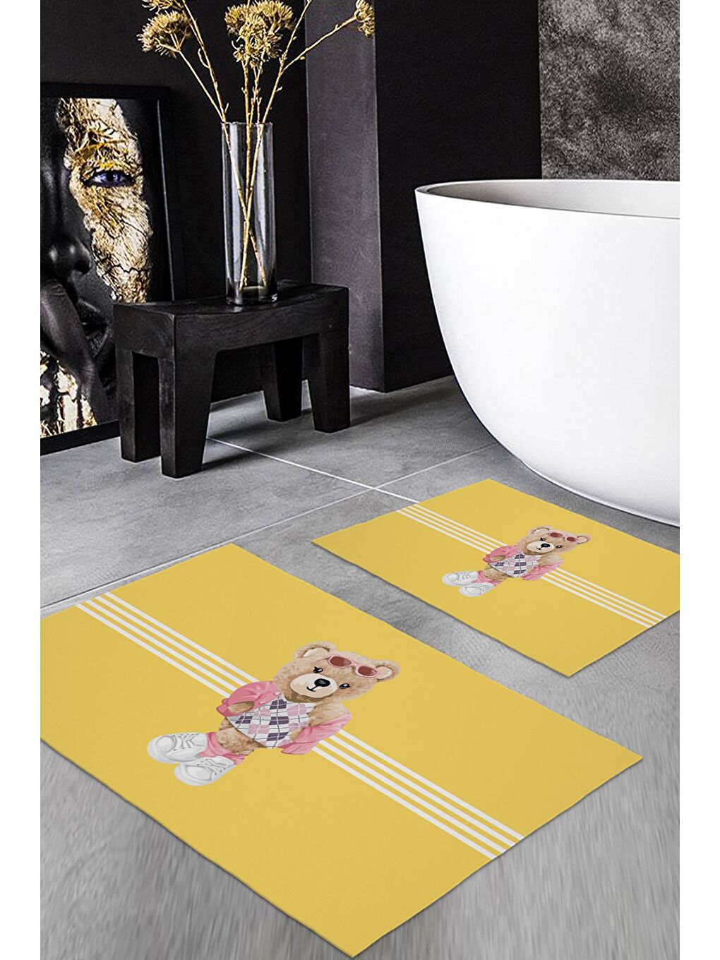 Karışık Teddy Bear Desenli 2 li Kaydırmaz Banyo Paspas Seti-1