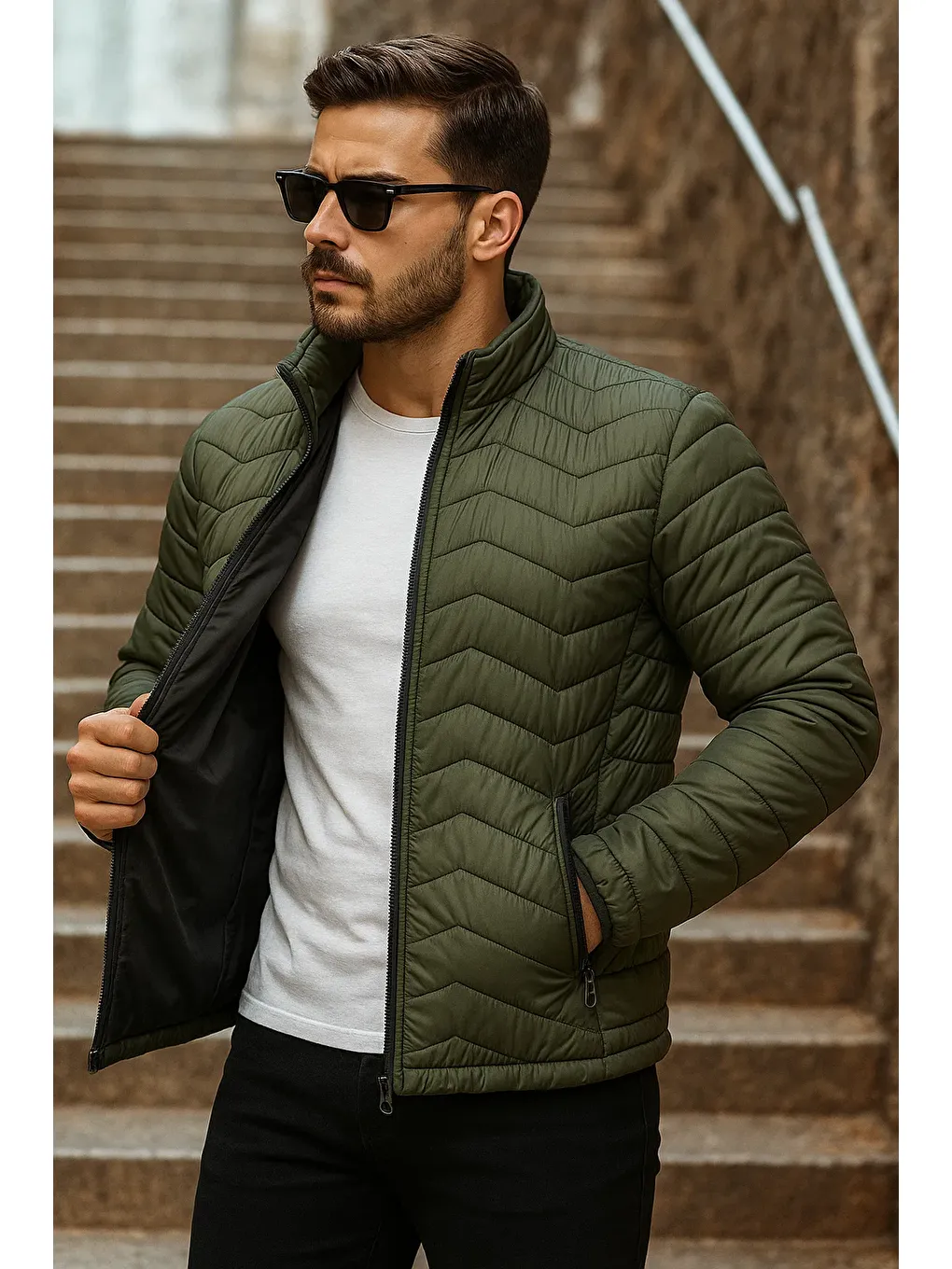 Erkek Kışlık Trend Haki Kapitone Şişme Mont-1