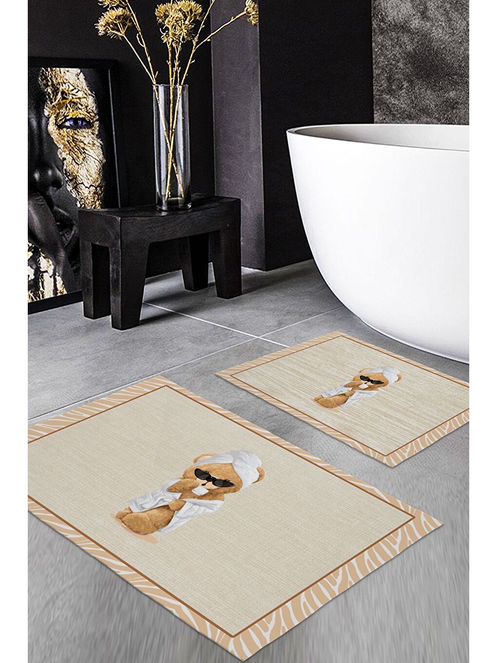 Karışık Teddy Bear Desenli 2 li Kaydırmaz Banyo Paspas Seti-1