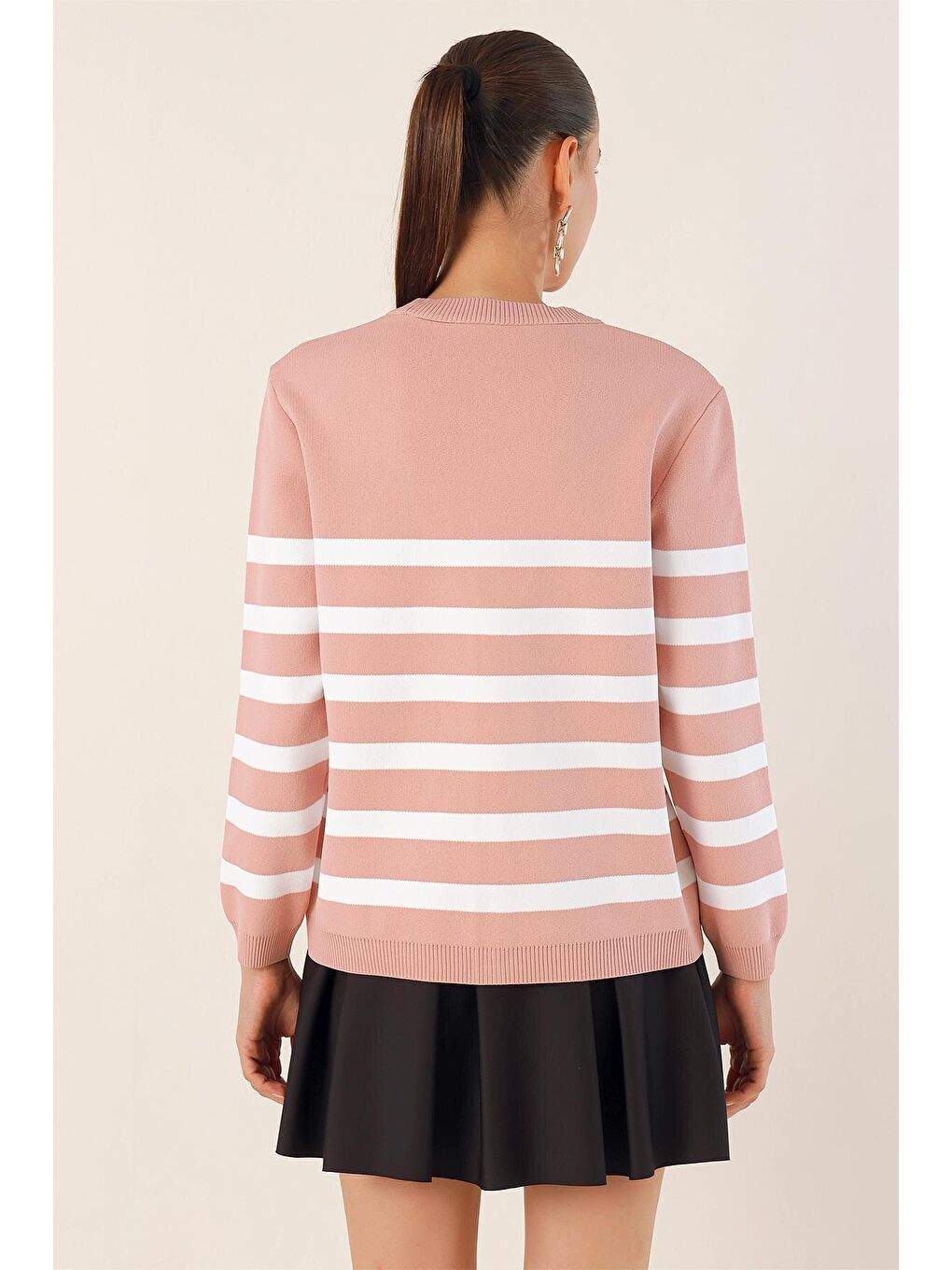 Pembe 15831 Çizgili Basic Triko Hırka - Pudra-5