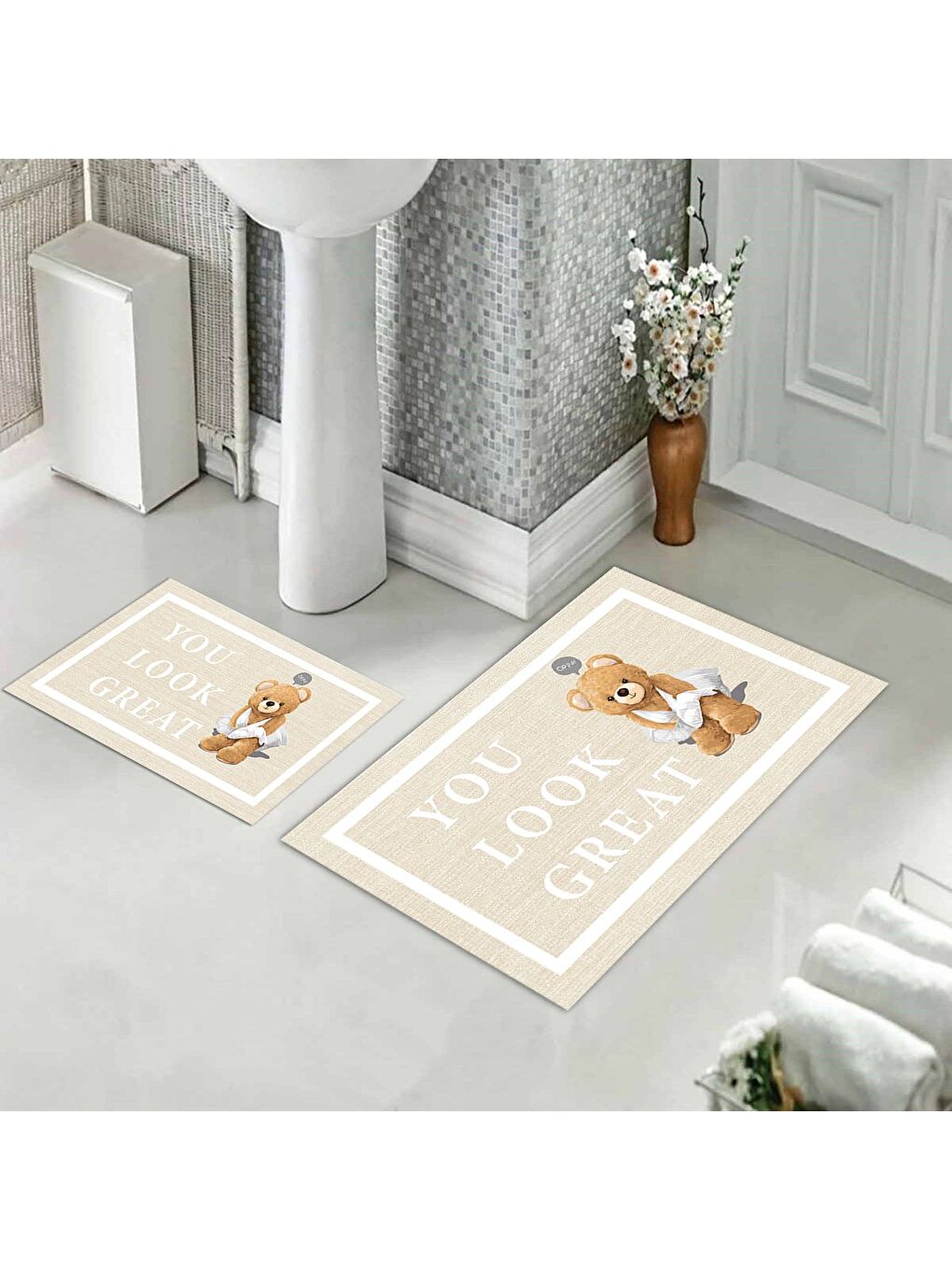 Karışık Teddy Bear Desenli 2 li Kaydırmaz Banyo Paspas Seti