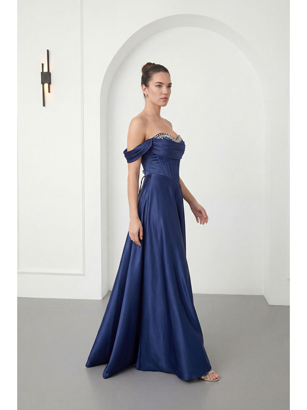 Kadın Lacivert Kayık Yaka Taşlı Uzun Söz Nişan Nikah Abiye Elbise-1
