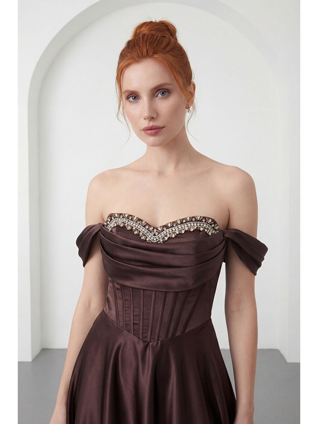 Kadın Kahverengi Kayık Yaka Taşlı Uzun Söz Nişan Nikah Abiye Elbise-2