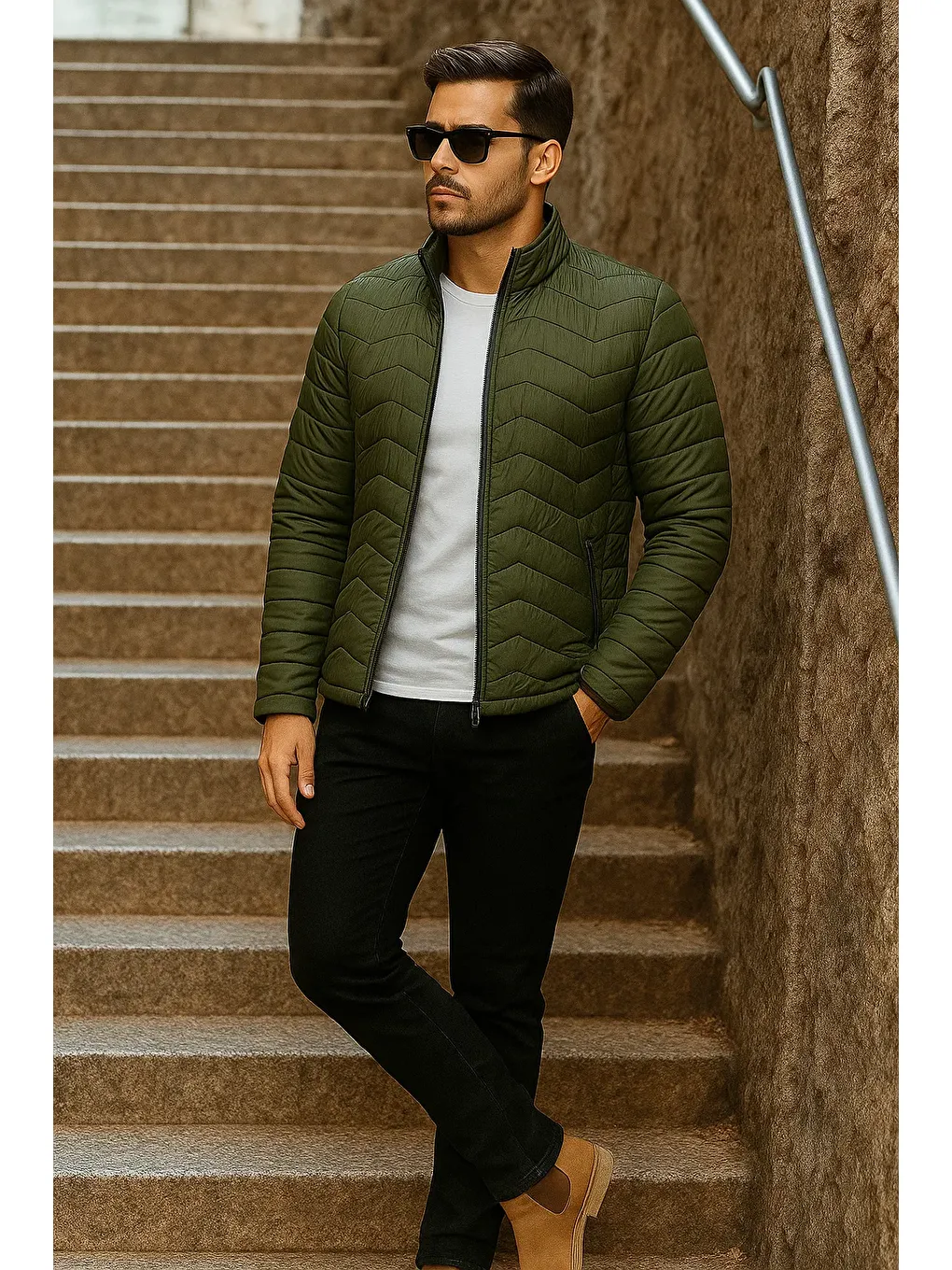 Erkek Kışlık Trend Haki Kapitone Şişme Mont-3