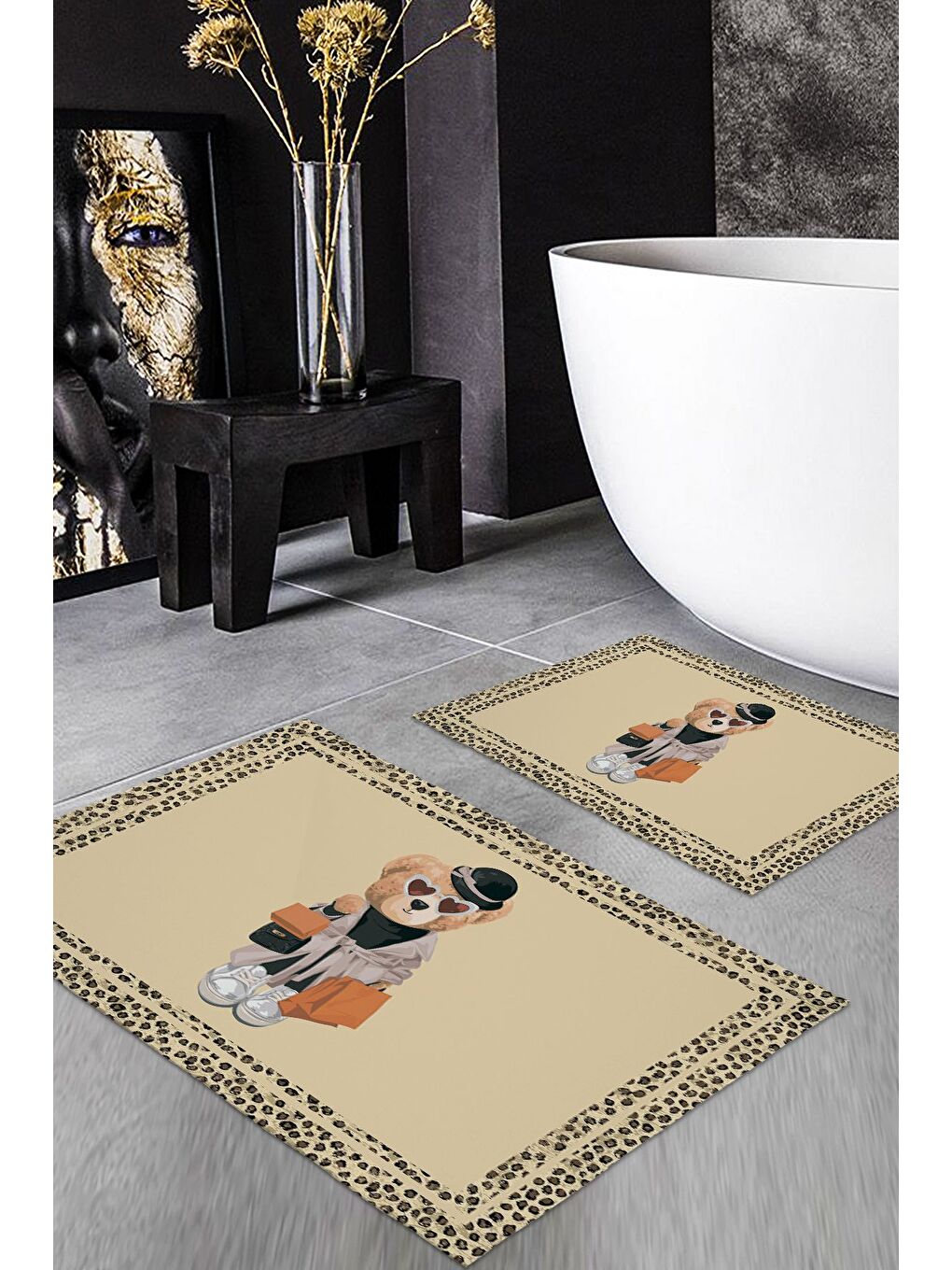 Karışık Teddy Bear Desenli 2 li Kaydırmaz Banyo Paspas Seti-1