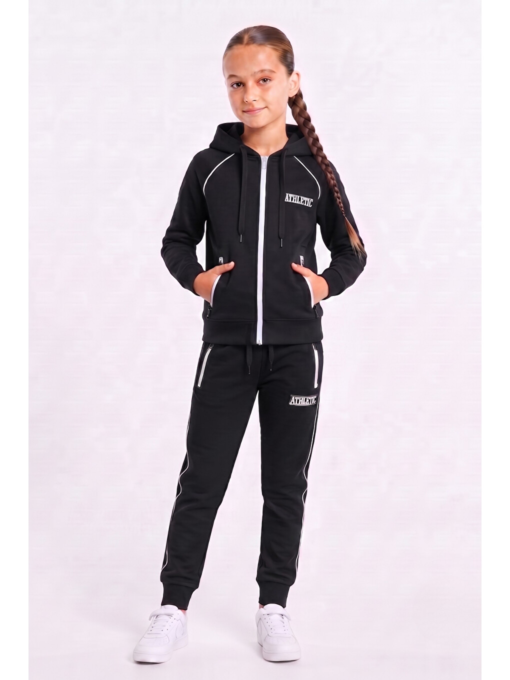 Siyah Kız Çocuk Scuba Atheletic Reglan Kol Kapüşonlu Dalgıç Kumaş Eşofman Takımı Esf7027-6