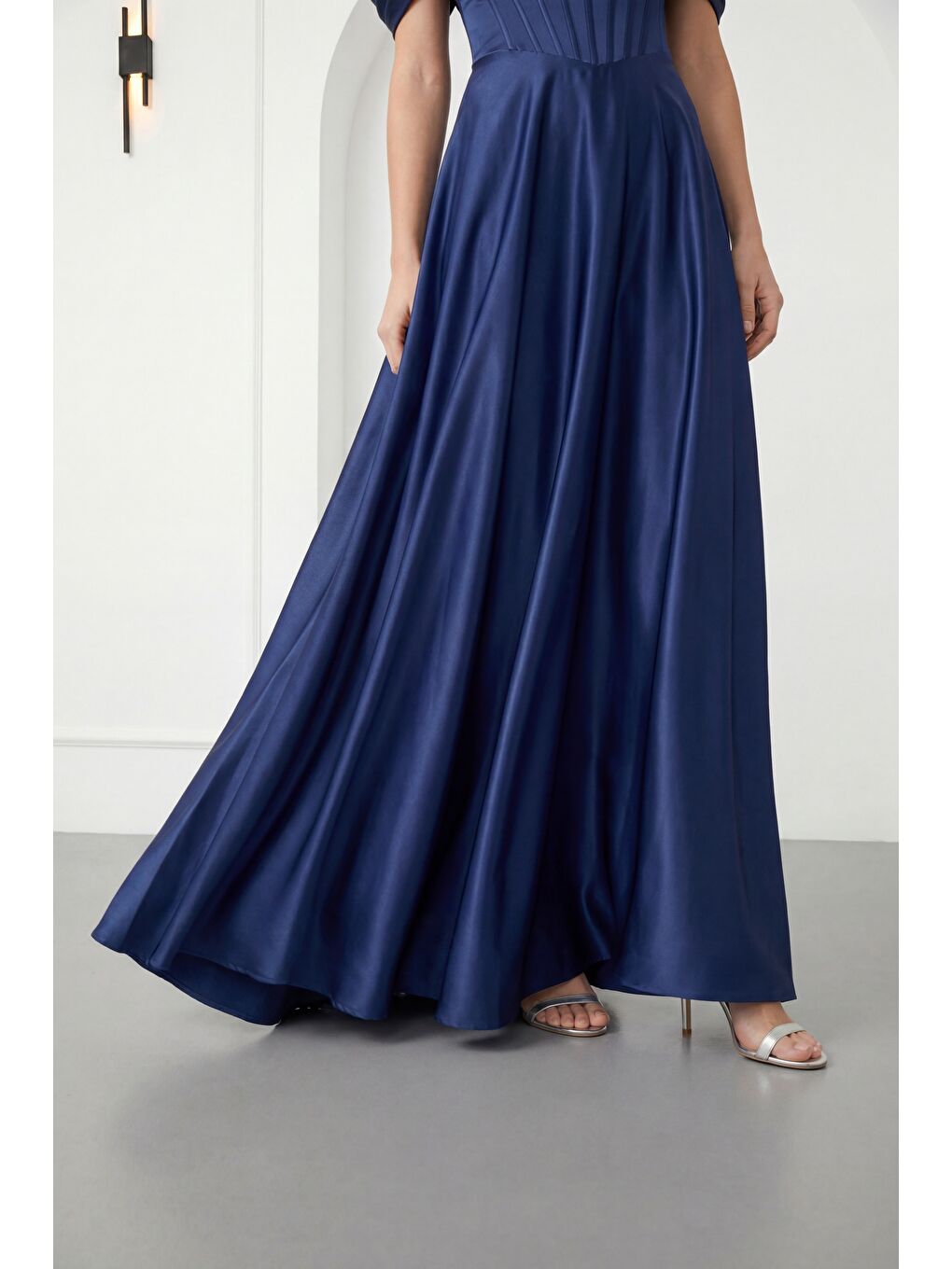 Kadın Lacivert Kayık Yaka Taşlı Uzun Söz Nişan Nikah Abiye Elbise-3