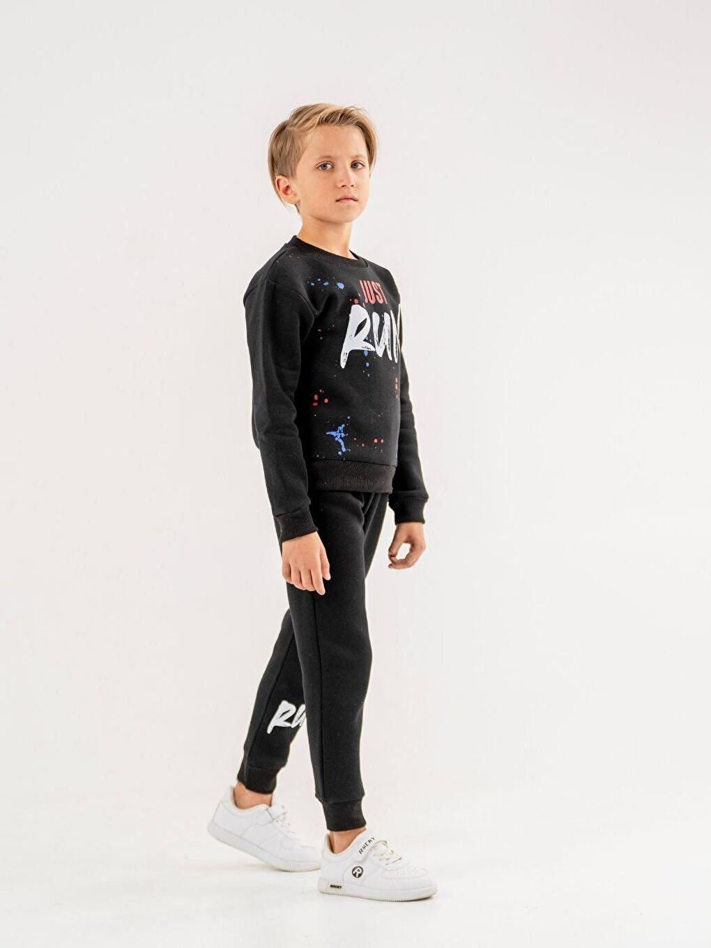 Siyah Bisiklet Yaka Baskılı  Uzun Kollu  Eşofman Takım-1