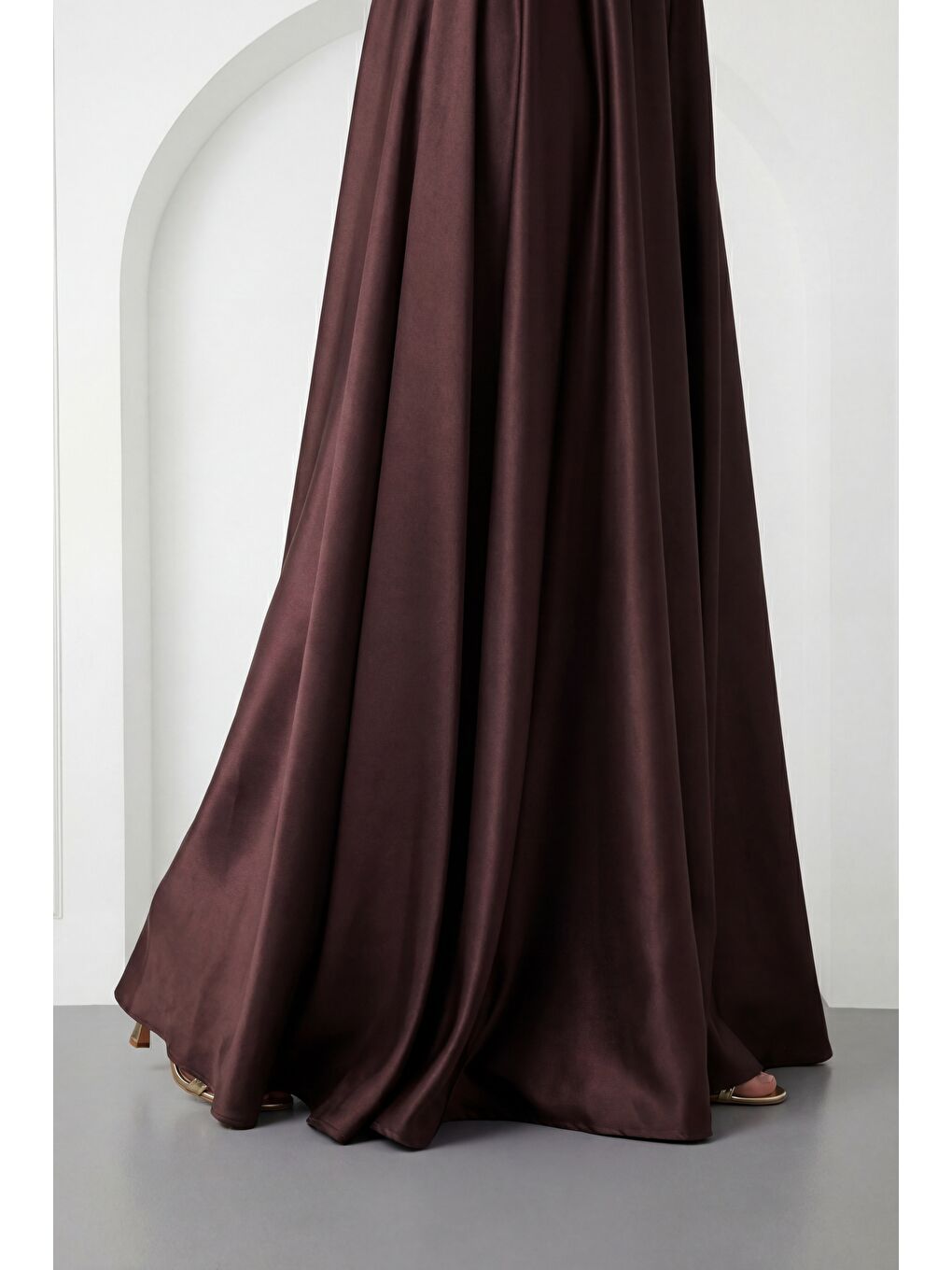 Kadın Kahverengi Kayık Yaka Taşlı Uzun Söz Nişan Nikah Abiye Elbise-3