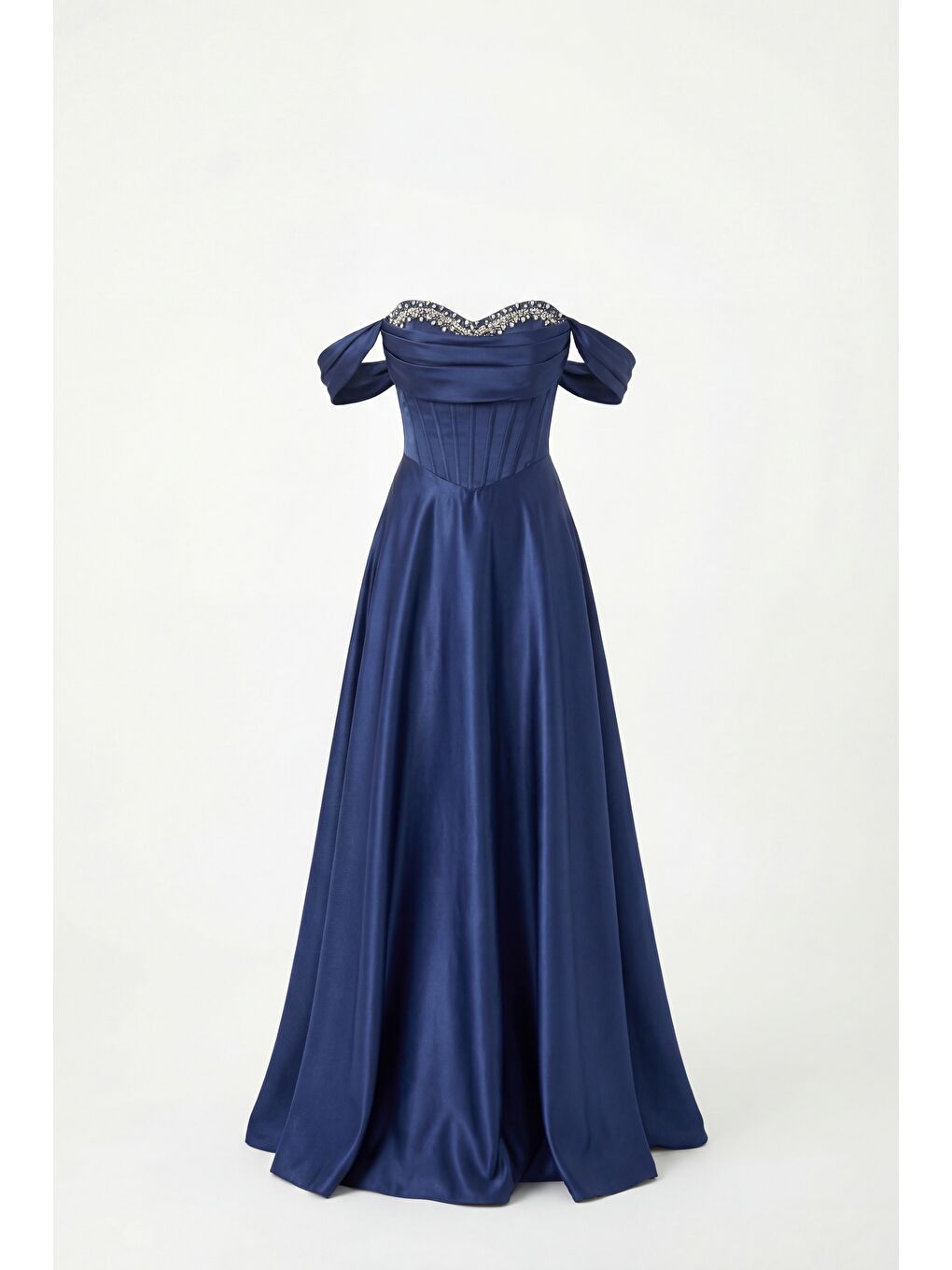 Kadın Lacivert Kayık Yaka Taşlı Uzun Söz Nişan Nikah Abiye Elbise-5