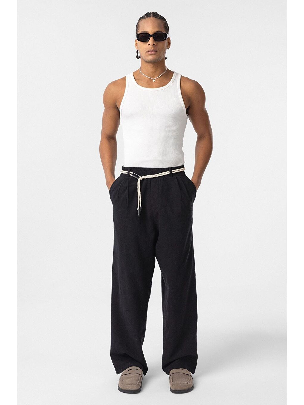 Kemer Detaylı Oversize Keten Erkek Pantolon Siyah