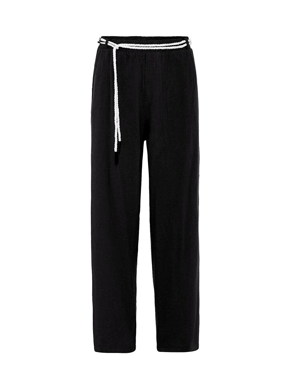 Kemer Detaylı Oversize Keten Erkek Pantolon Siyah-1