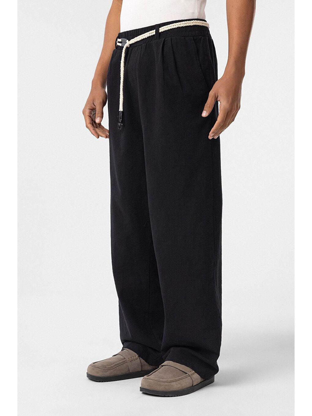 Kemer Detaylı Oversize Keten Erkek Pantolon Siyah-2