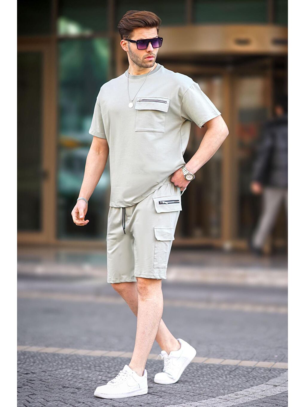 Mint Yeşili Cep Detaylı Erkek Şort Takımı