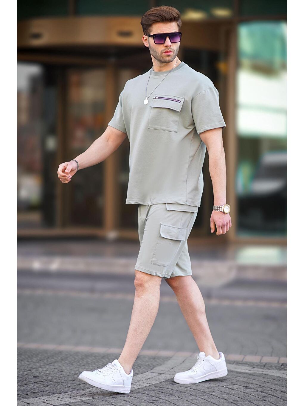 Mint Yeşili Cep Detaylı Erkek Şort Takımı-1