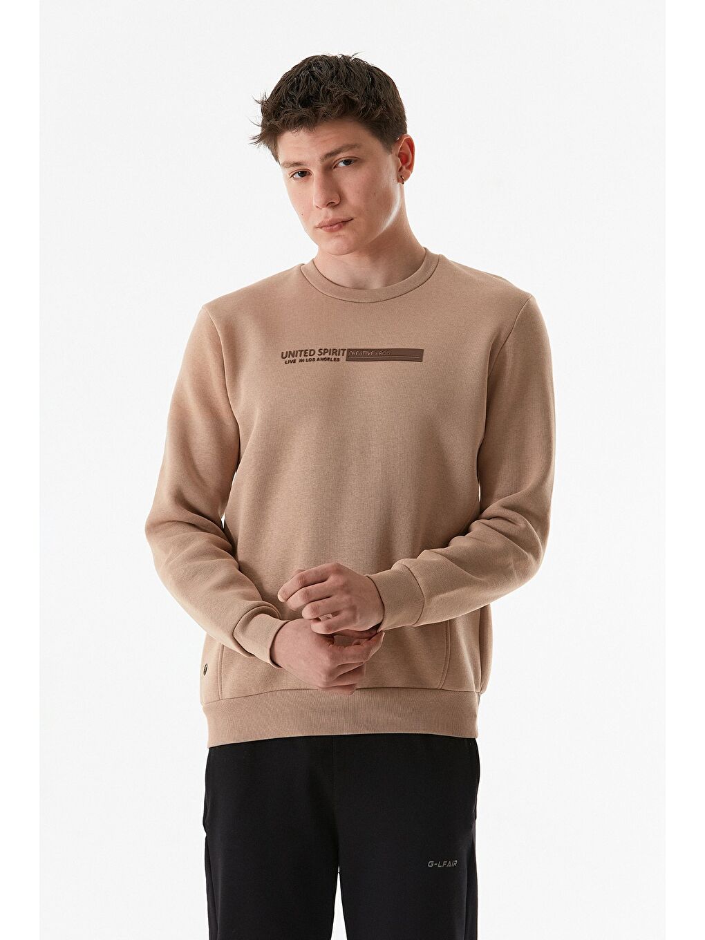 Fullamoda Camel Kabartma Baskılı Bisiklet Yaka Sweatshirt