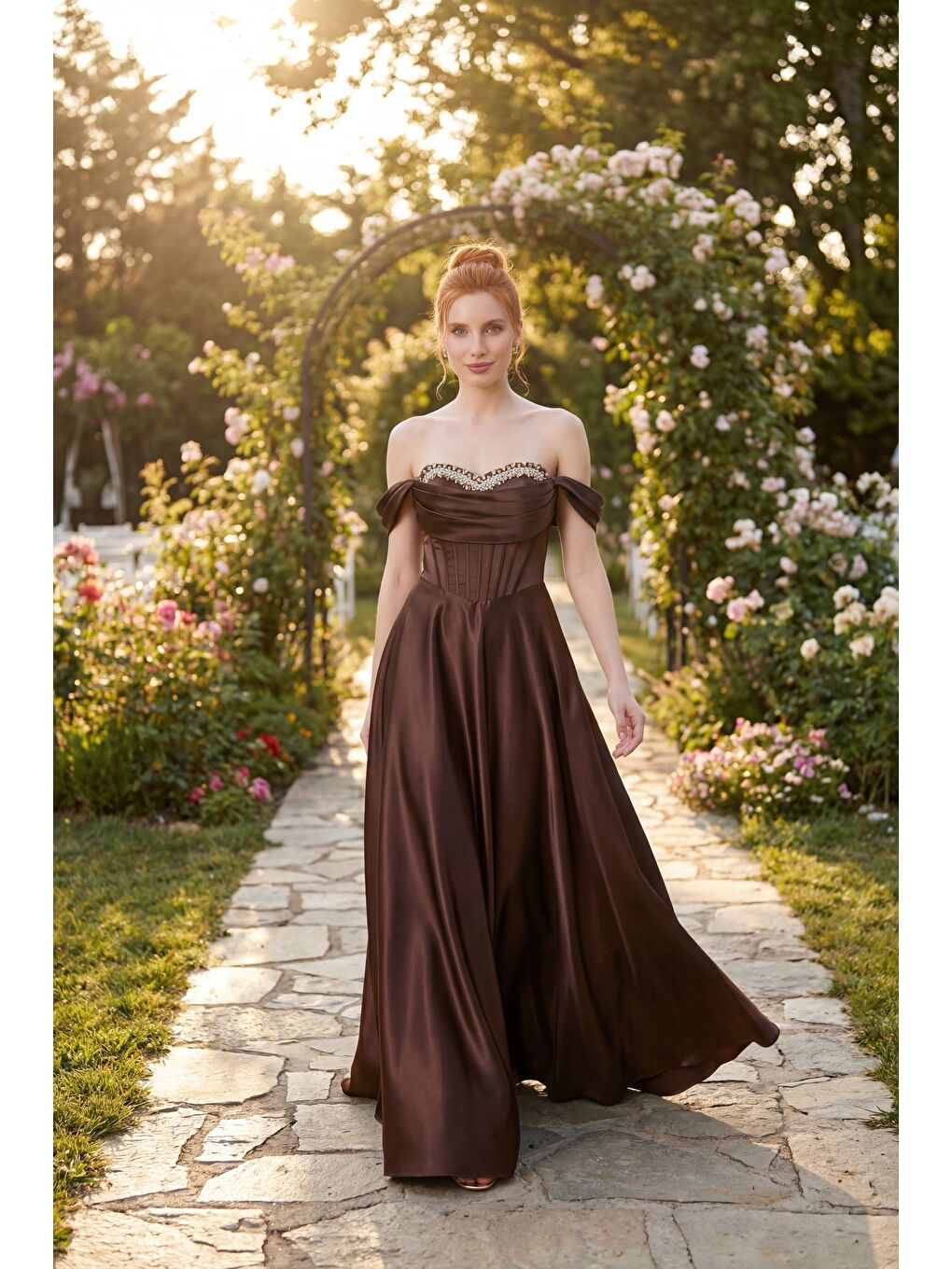 Kadın Kahverengi Kayık Yaka Taşlı Uzun Söz Nişan Nikah Abiye Elbise-4