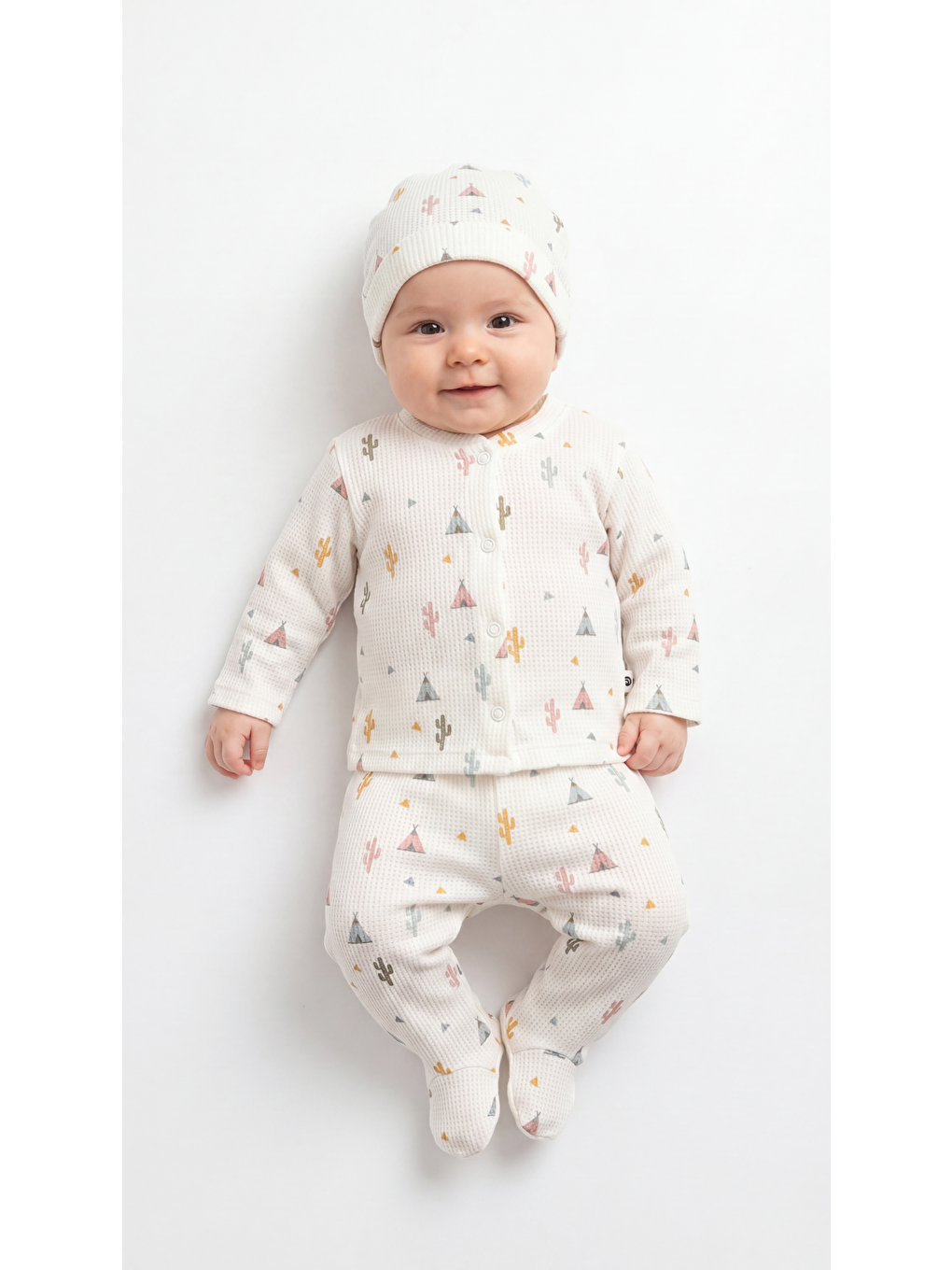 Ekru Kaktüs Desenli 3'Lü Kız Bebek Yenidoğan Takımı-3