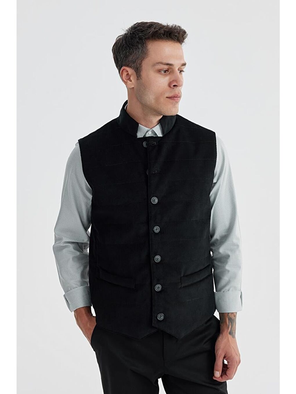 Siyah Hakim Yaka Çift Taraflı Slim Fit Yelek-1