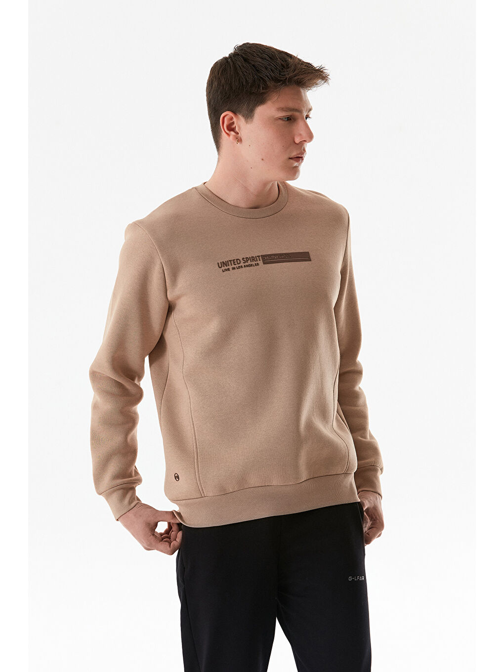 Fullamoda Camel Kabartma Baskılı Bisiklet Yaka Sweatshirt - 1