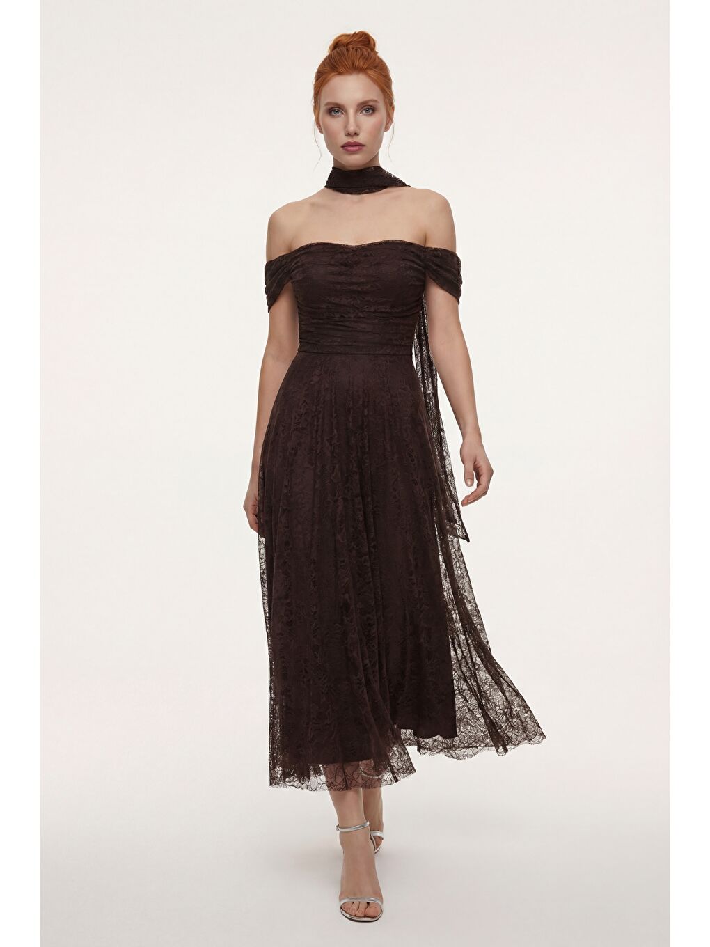 Kadın Kahverengi Dar Kalıp Kayık Yaka Dantelli Midi Söz Nişan Nikah Abiye-1
