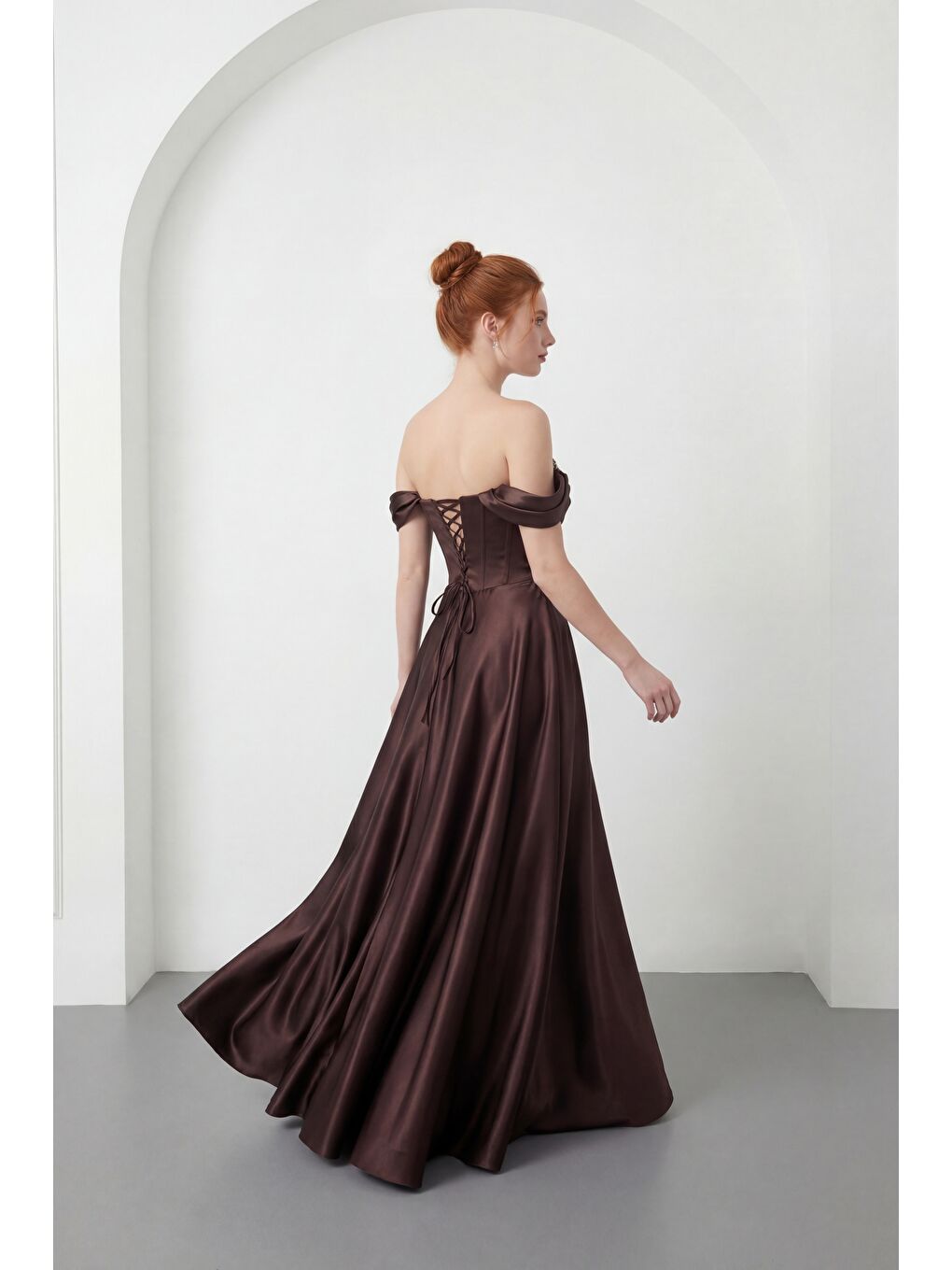 Kadın Kahverengi Kayık Yaka Taşlı Uzun Söz Nişan Nikah Abiye Elbise-5