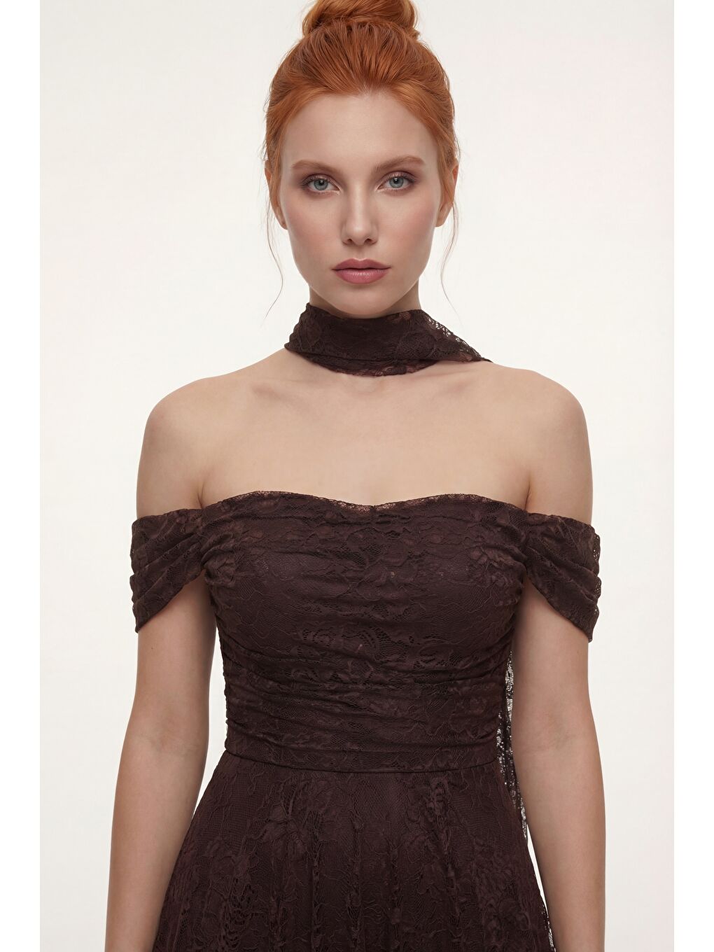 Kadın Kahverengi Dar Kalıp Kayık Yaka Dantelli Midi Söz Nişan Nikah Abiye-2