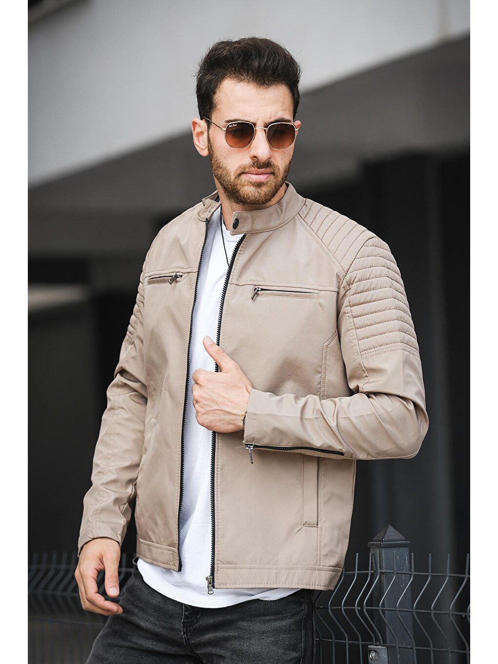 Bej Abuja Slim Fit Fermuar Detaylı Dik Yaka Su İtici Erkek Mevsimlik Mont