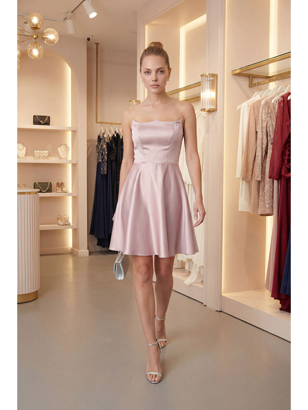 Pembe Kadın Pudra Dar Kalıp Straplez Yaka Saten Mini Mezuniyet Abiye Elbise-4