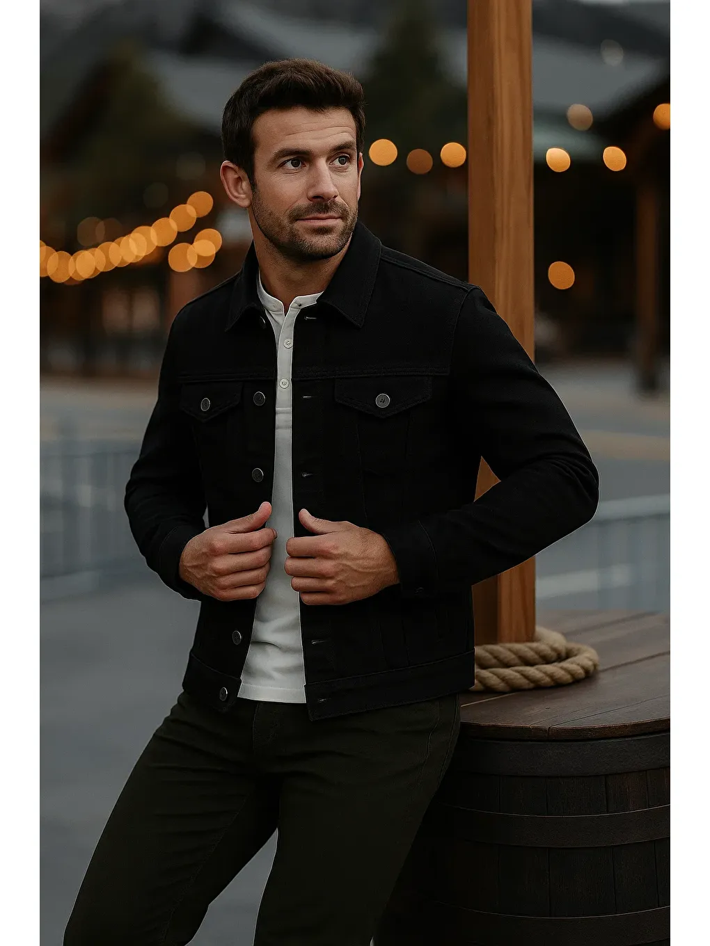 Erkek Mevsimlik Slim Fit Düğmeli Klasik Siyah Jean Ceket-1