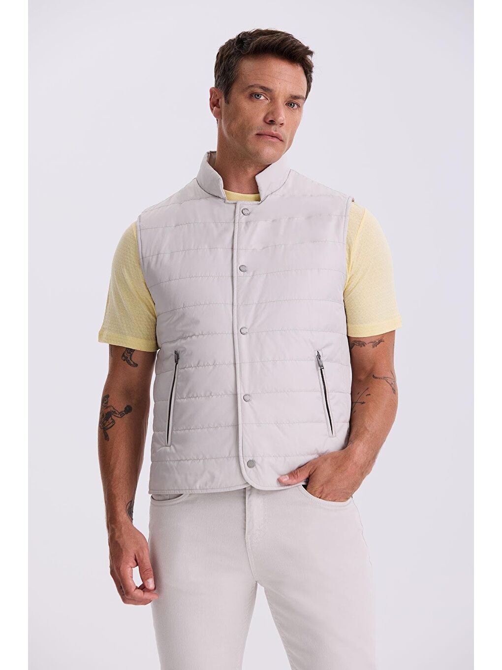 Bej Taş Hakim Yaka Elyaflı Slim Fit Yelek-1