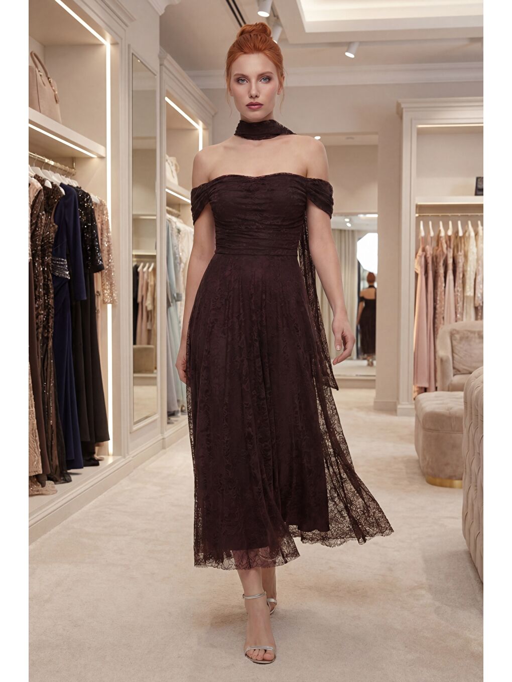 Kadın Kahverengi Dar Kalıp Kayık Yaka Dantelli Midi Söz Nişan Nikah Abiye-4