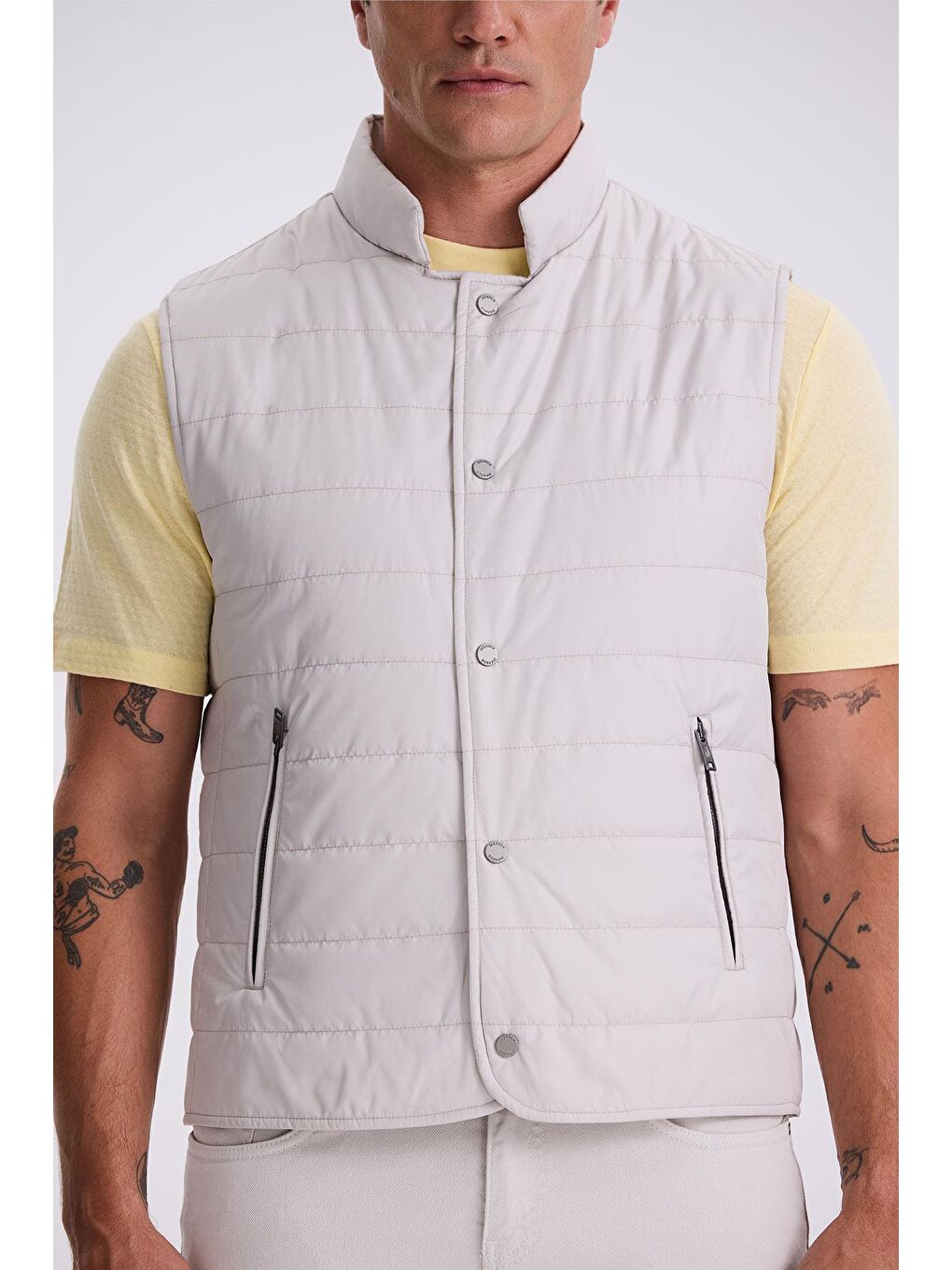 Bej Taş Hakim Yaka Elyaflı Slim Fit Yelek-2