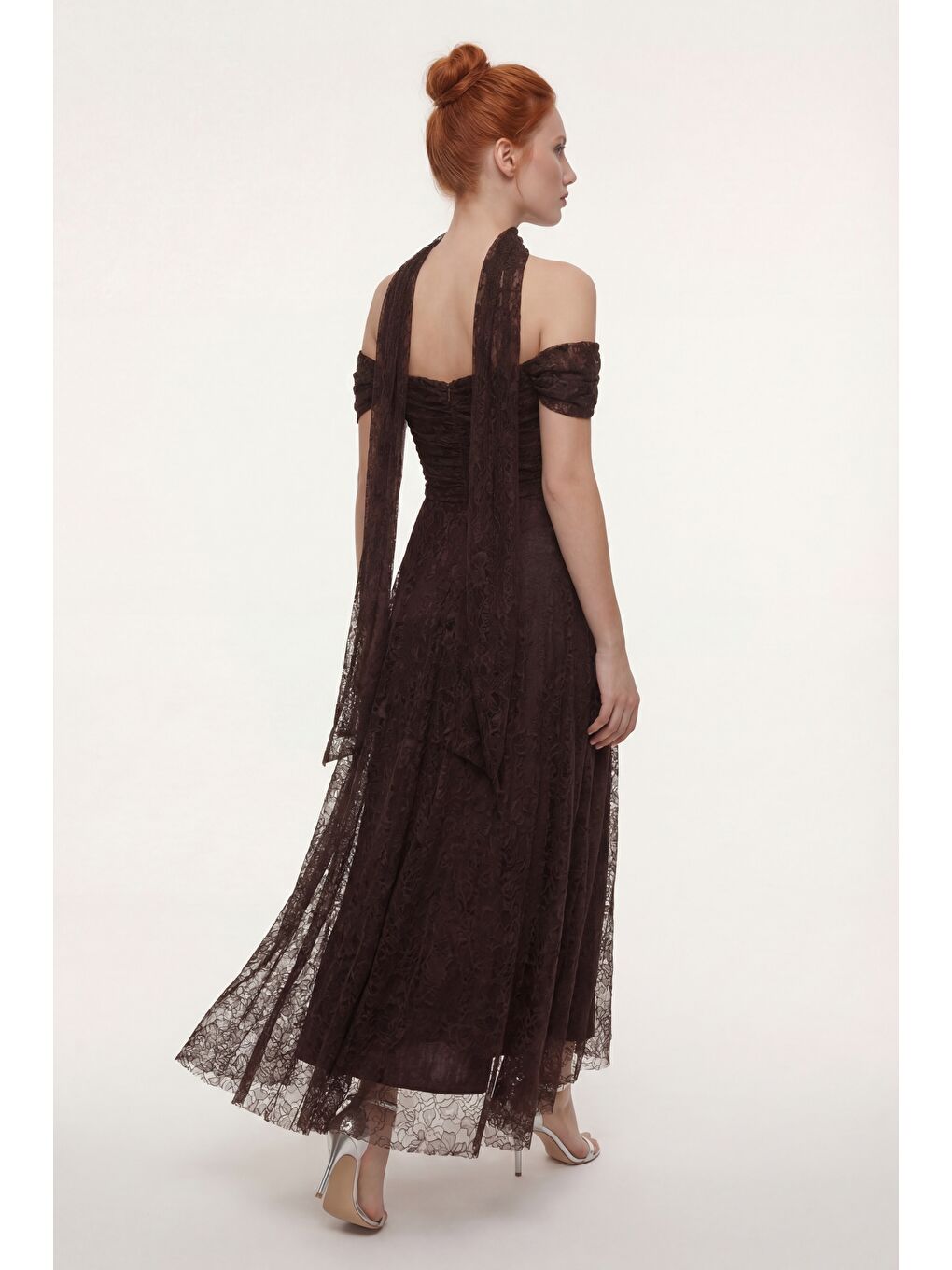 Kadın Kahverengi Dar Kalıp Kayık Yaka Dantelli Midi Söz Nişan Nikah Abiye-5