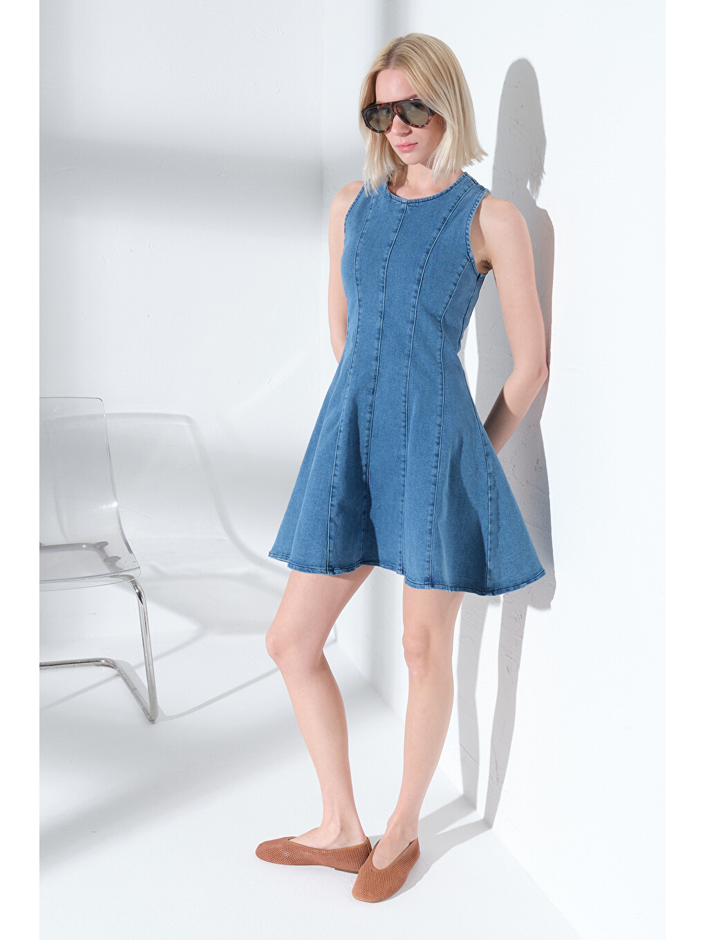 Mavi Pamuklu Esnek Denim Bisiklet Yaka Panel Dikişli Mini Kadın Elbise @Sofia-1