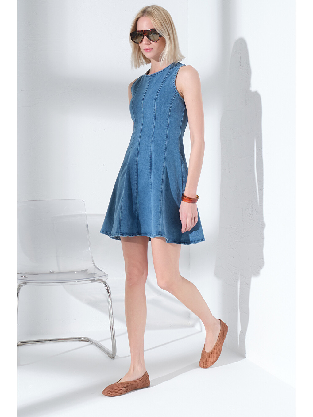 Mavi Pamuklu Esnek Denim Bisiklet Yaka Panel Dikişli Mini Kadın Elbise @Sofia-2