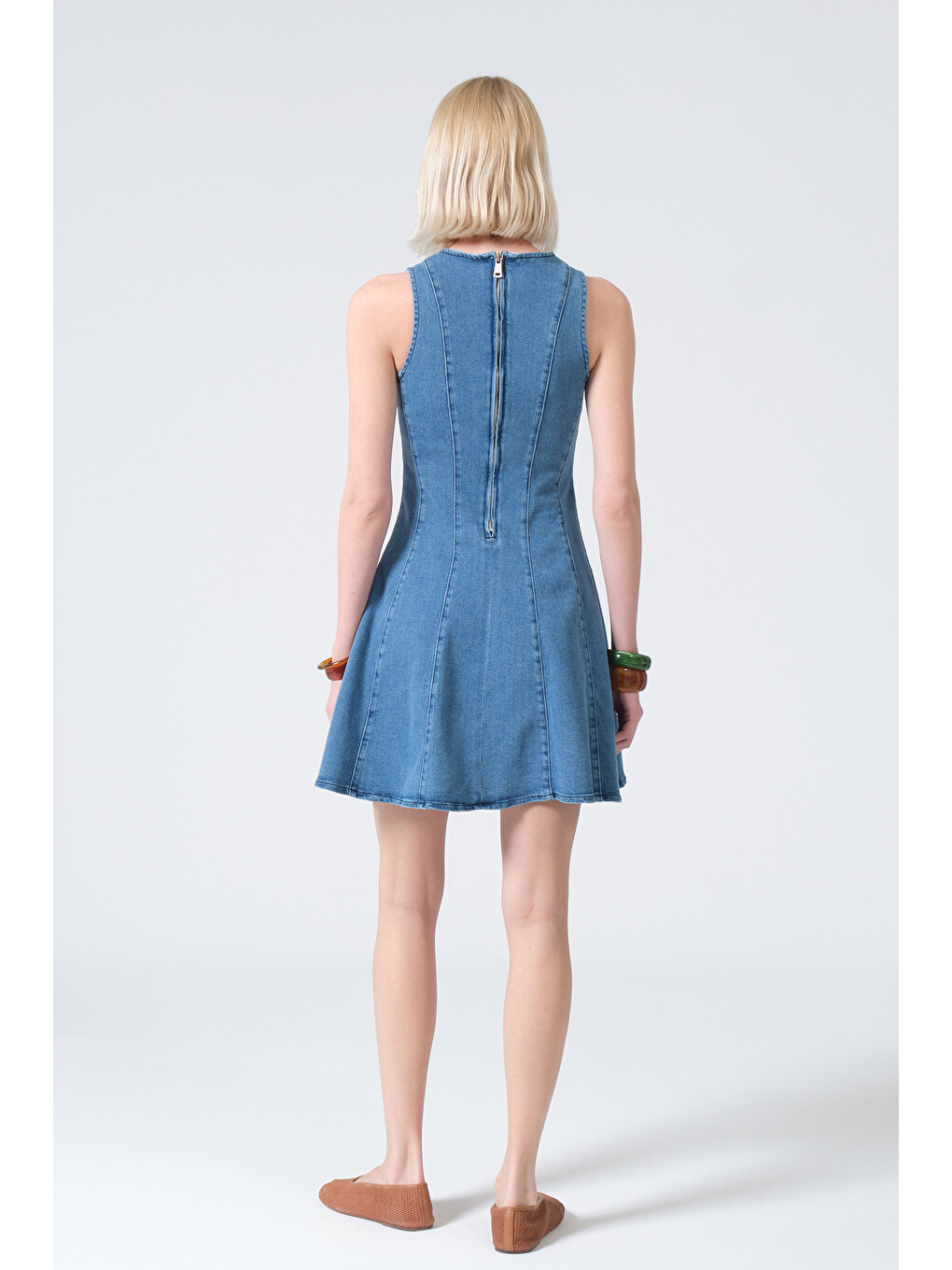 Mavi Pamuklu Esnek Denim Bisiklet Yaka Panel Dikişli Mini Kadın Elbise @Sofia-4