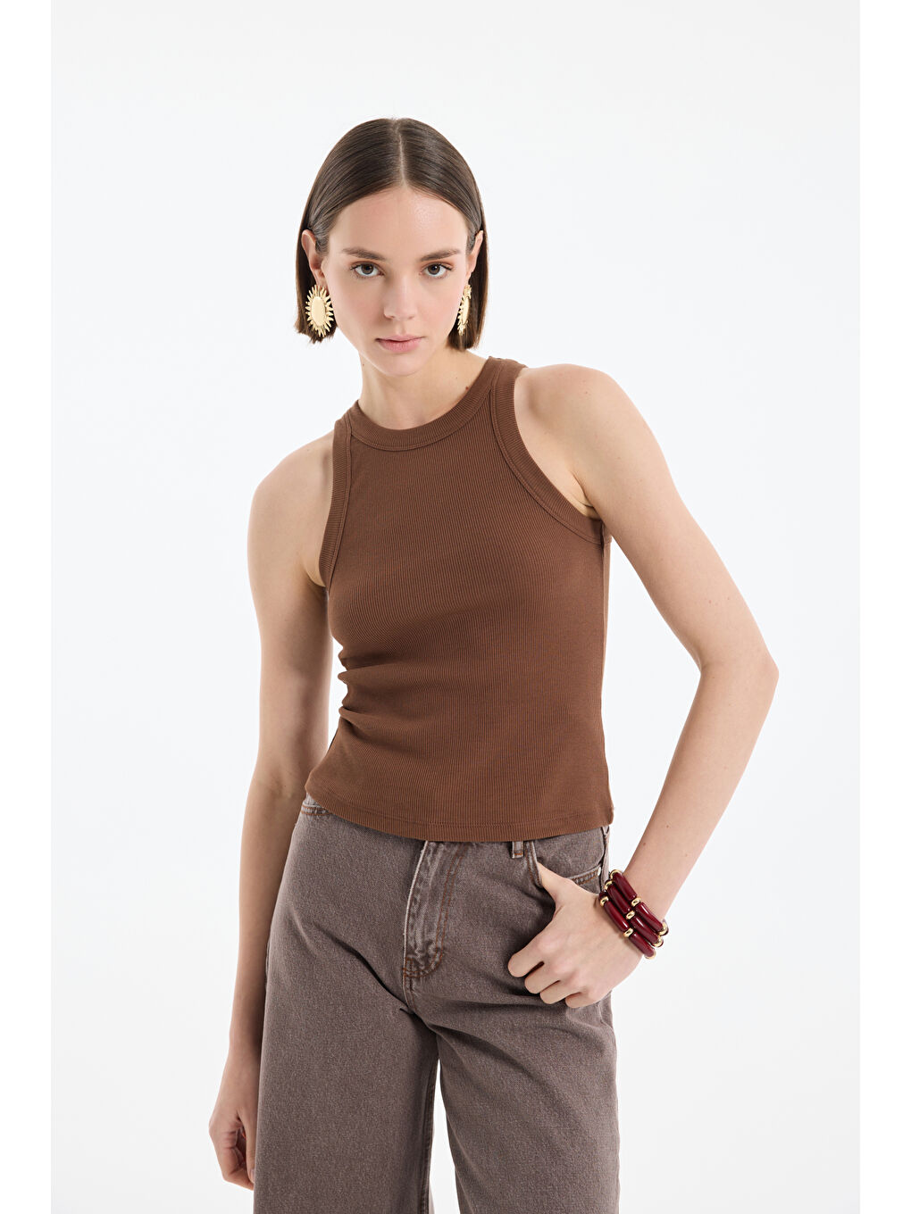 Halter Yaka Basic Fitilli Atlet Kahverengi