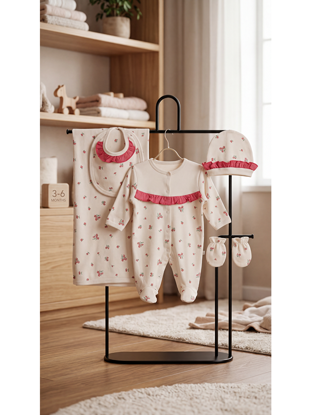 Pembe Çiçek Desenli Bataniyeli 5'Li Kız Bebek Yenidoğan Takımı