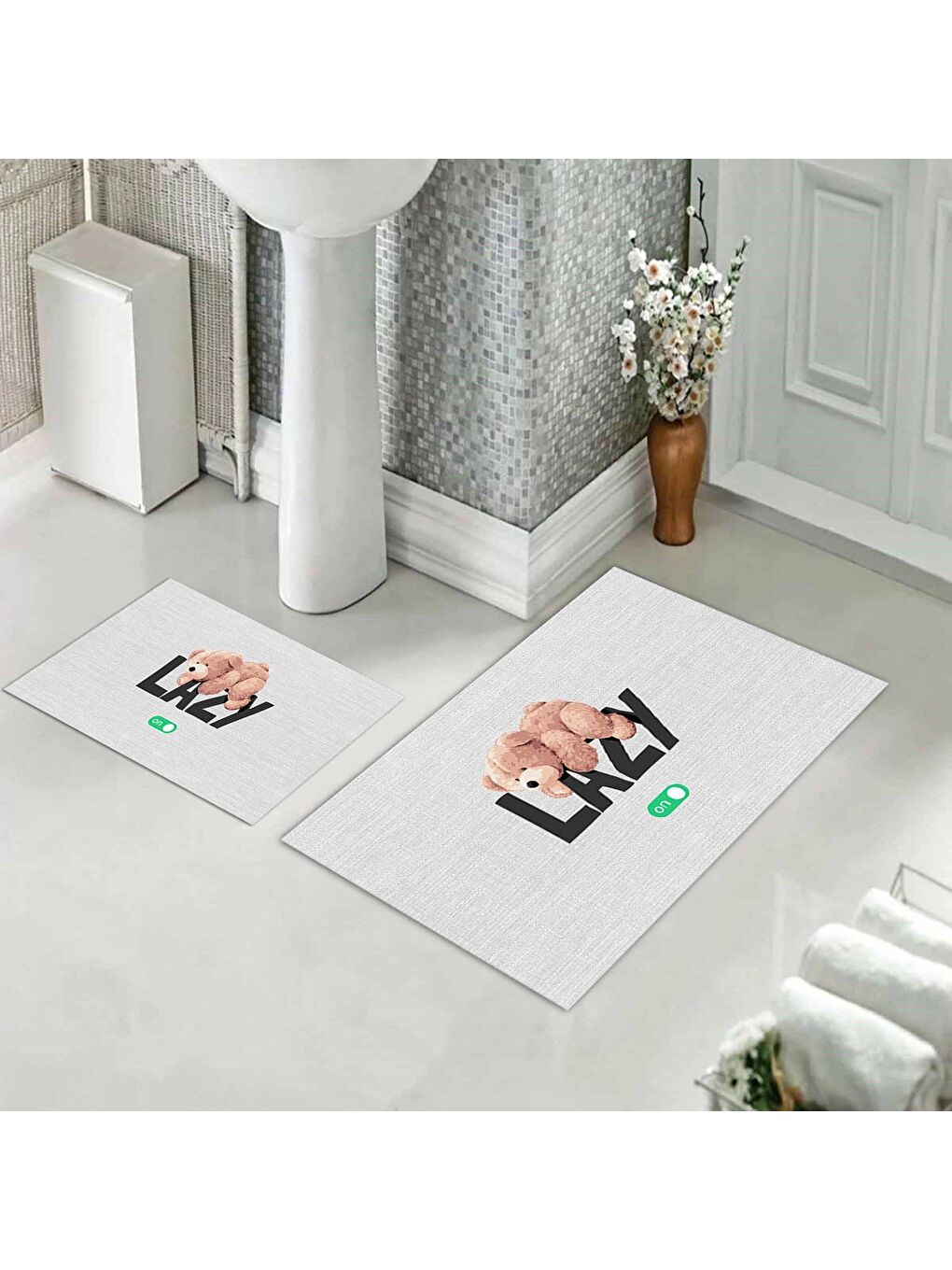 Karışık Teddy Bear Desenli 2 li Kaydırmaz Banyo Paspas Seti