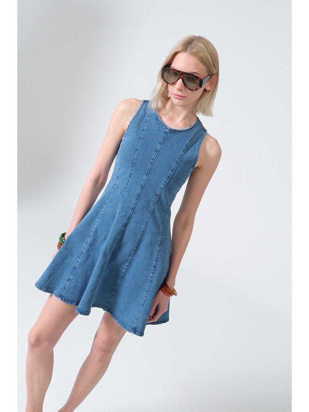 Mavi Pamuklu Esnek Denim Bisiklet Yaka Panel Dikişli Mini Kadın Elbise @Sofia-7