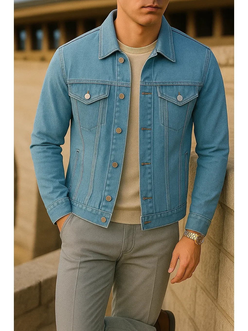 Erkek Mevsimlik Slim Fit Trend Klasik B.Mavi Jean Ceket-3