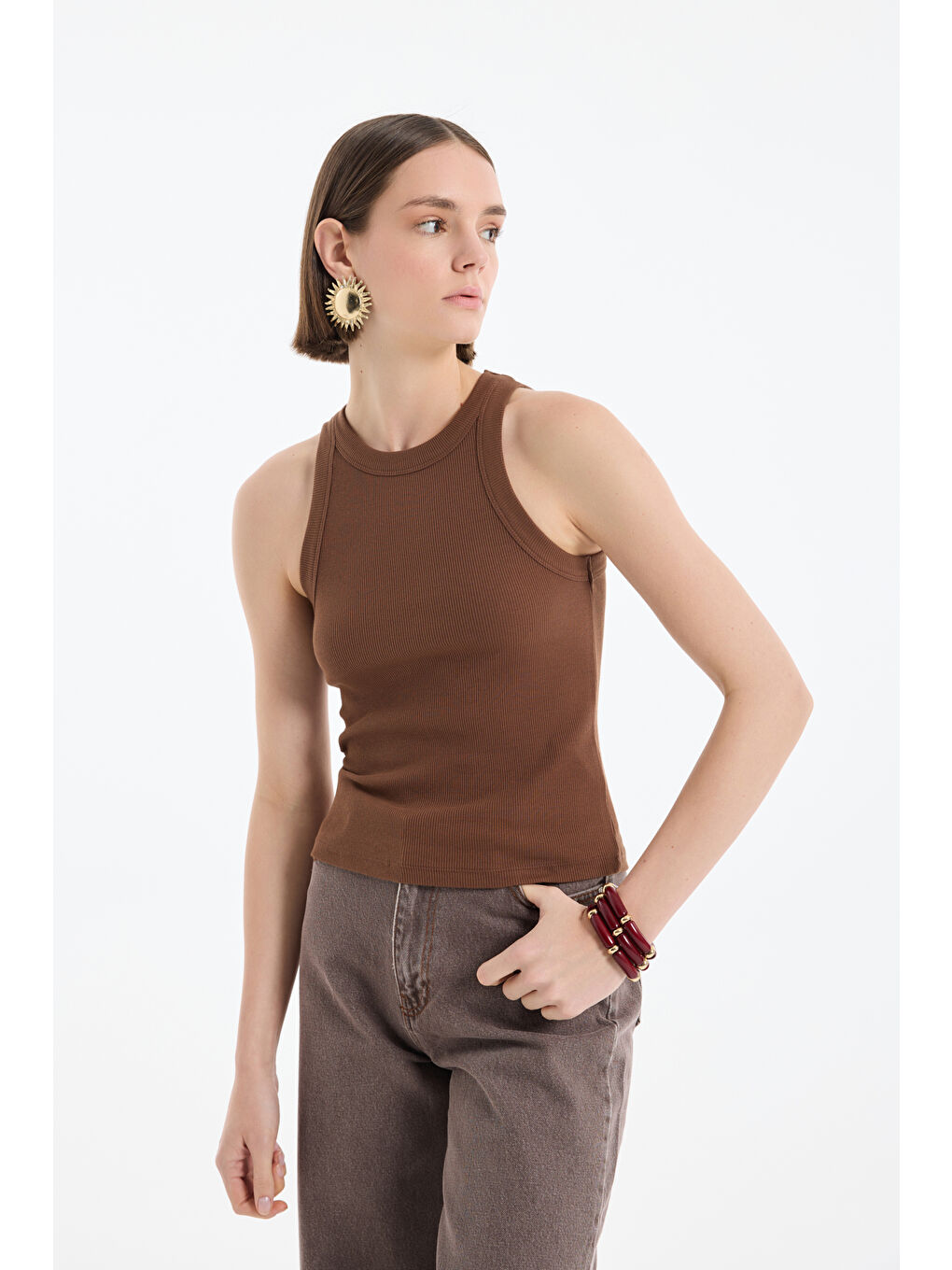 Halter Yaka Basic Fitilli Atlet Kahverengi-2