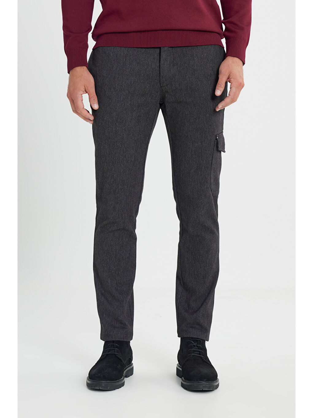 Erkek Siyah-Gri Slim Fit Dar Kesim Diyagonal Desenli Kargo Cepli Esnek Pantolon