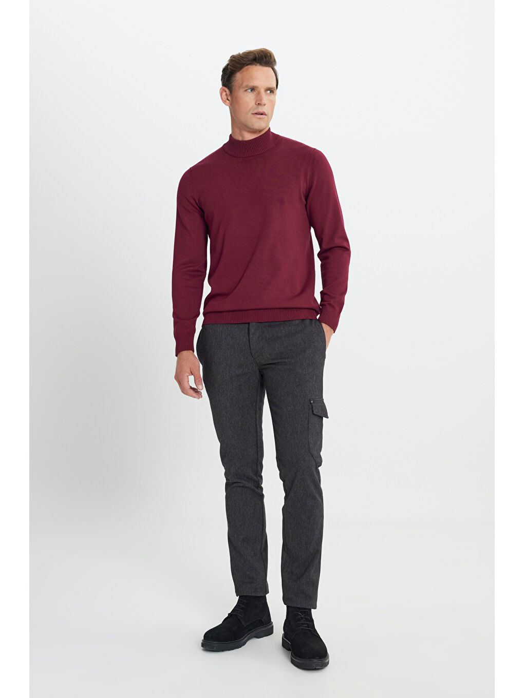 Erkek Siyah-Gri Slim Fit Dar Kesim Diyagonal Desenli Kargo Cepli Esnek Pantolon-1