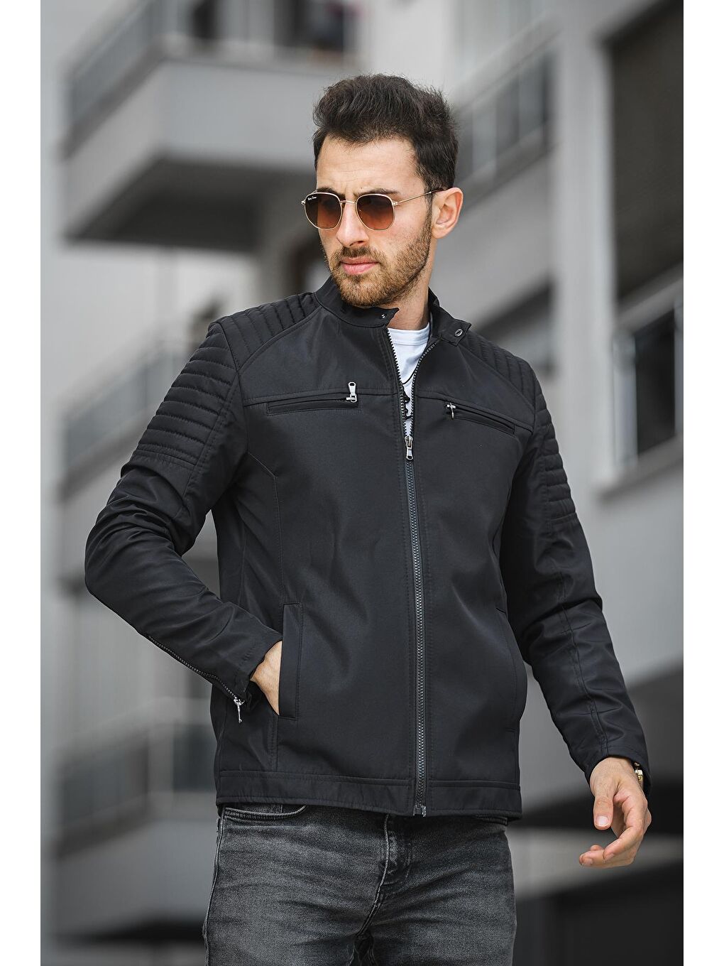 Siyah Abuja Slim Fit Fermuar Detaylı Dik Yaka Su İtici Erkek Mevsimlik Mont