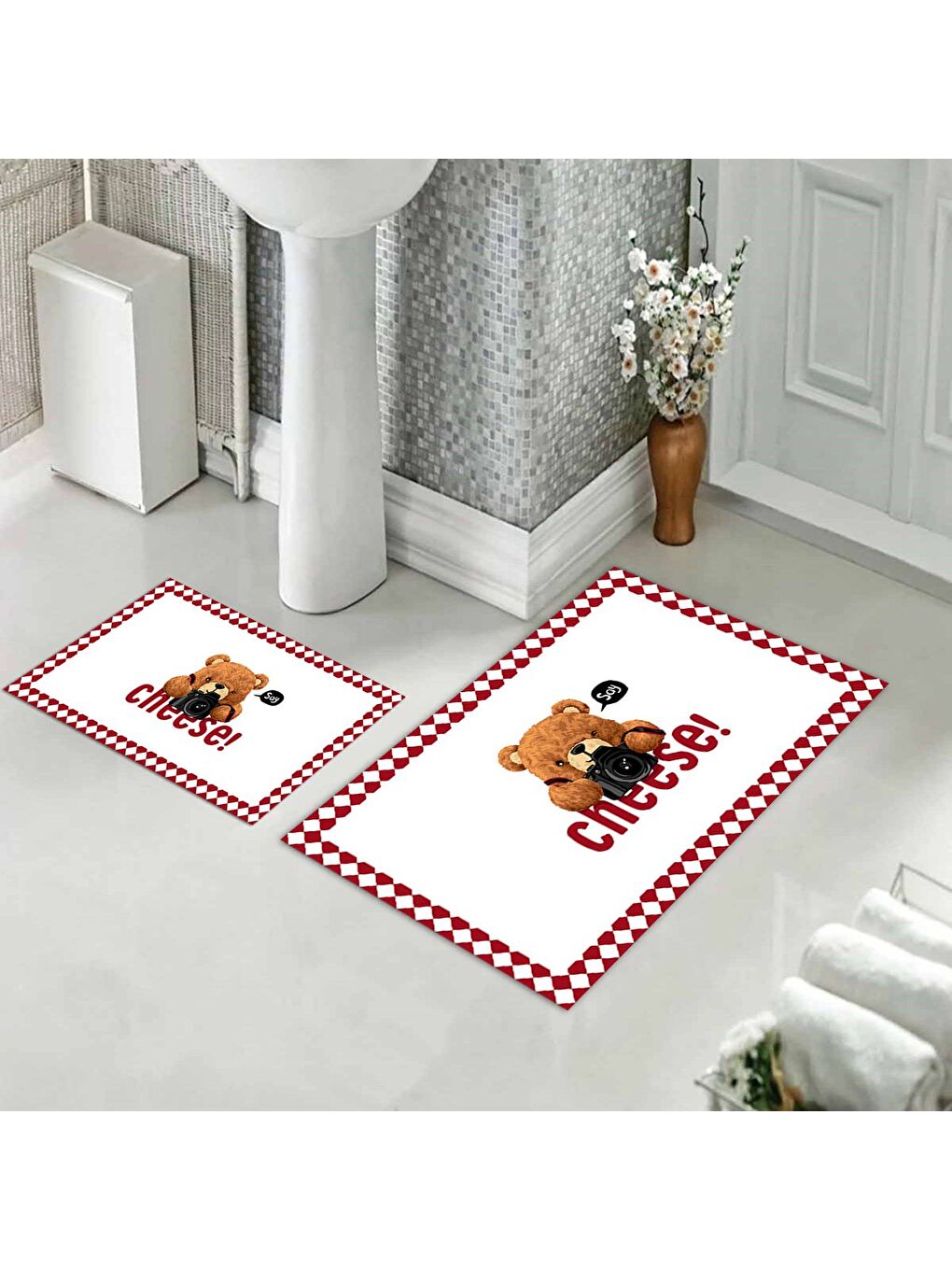 Karışık Teddy Bear Desenli 2 li Kaydırmaz Banyo Paspas Seti